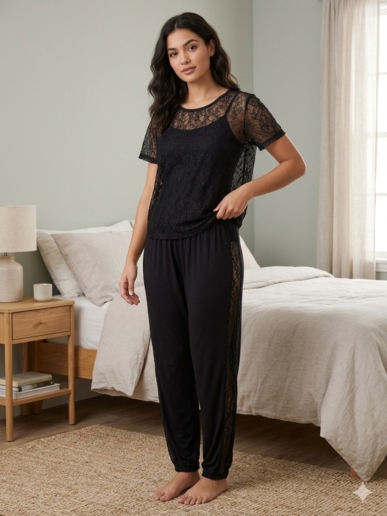 vivance dreams Other - Black Lace Short-Sleeve Pajama Set with Lounge Pants